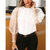 Women Spring Mesh Puff Long Sleeve Ribbed Knitted Shirt Loose Casual Polka Dots Blouse Tops Elegant Turtleneck Party Clubwear