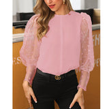 Women Spring Mesh Puff Long Sleeve Ribbed Knitted Shirt Loose Casual Polka Dots Blouse Tops Elegant Turtleneck Party Clubwear