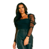 Women Spring Mesh Puff Long Sleeve Ribbed Knitted Shirt Loose Casual Polka Dots Blouse Tops Elegant Turtleneck Party Clubwear