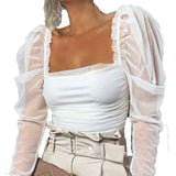 Women Spring Mesh Puff Long Sleeve Ribbed Knitted Shirt Loose Casual Polka Dots Blouse Tops Elegant Turtleneck Party Clubwear