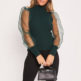 Women Spring Mesh Puff Long Sleeve Ribbed Knitted Shirt Loose Casual Polka Dots Blouse Tops Elegant Turtleneck Party Clubwear