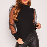 Women Spring Mesh Puff Long Sleeve Ribbed Knitted Shirt Loose Casual Polka Dots Blouse Tops Elegant Turtleneck Party Clubwear