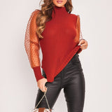 Women Spring Mesh Puff Long Sleeve Ribbed Knitted Shirt Loose Casual Polka Dots Blouse Tops Elegant Turtleneck Party Clubwear
