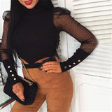 Women Spring Mesh Puff Long Sleeve Ribbed Knitted Shirt Loose Casual Polka Dots Blouse Tops Elegant Turtleneck Party Clubwear