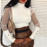 Women Spring Mesh Puff Long Sleeve Ribbed Knitted Shirt Loose Casual Polka Dots Blouse Tops Elegant Turtleneck Party Clubwear