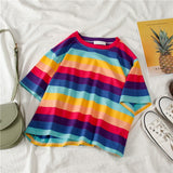 2020 New casual tshirt loose rainbow striped O-neck short-sleeved women t-shirt tops female t shirt woman cloth Harajuku