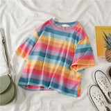2020 New casual tshirt loose rainbow striped O-neck short-sleeved women t-shirt tops female t shirt woman cloth Harajuku